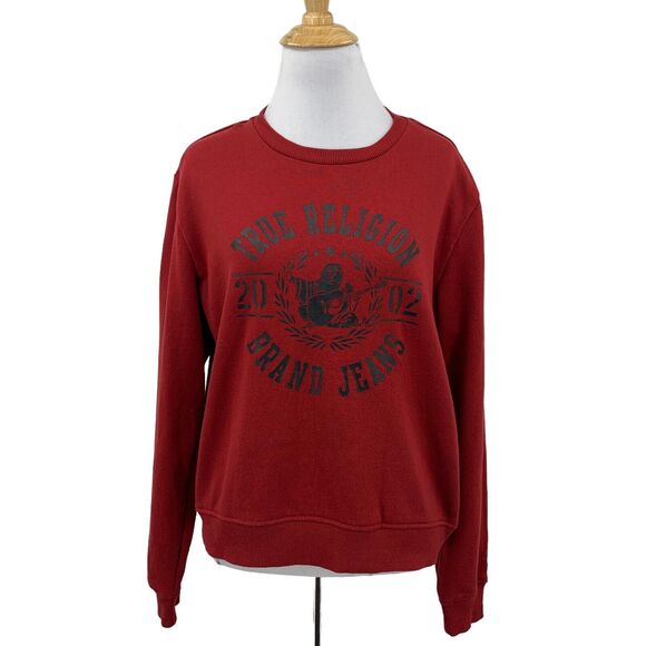 True Religion Sweatshirt Womens Medium Rich Red Fleece Long Sleeve Crew Neck - Picture 1 of 13